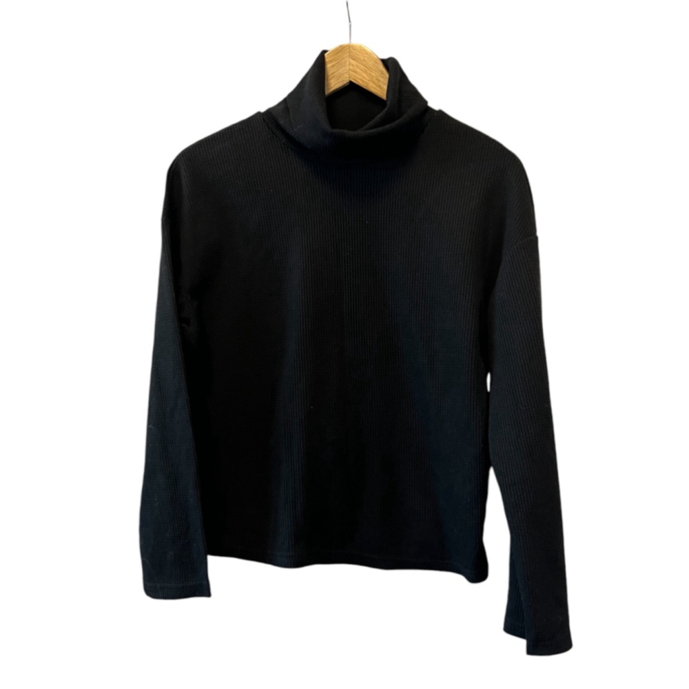SHEIN Black Waffle Long Sleeve Turtleneck Pullover Top S